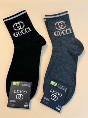 TWO pairs G G luxury crew-length socks medium black and dark grey unisex NEW